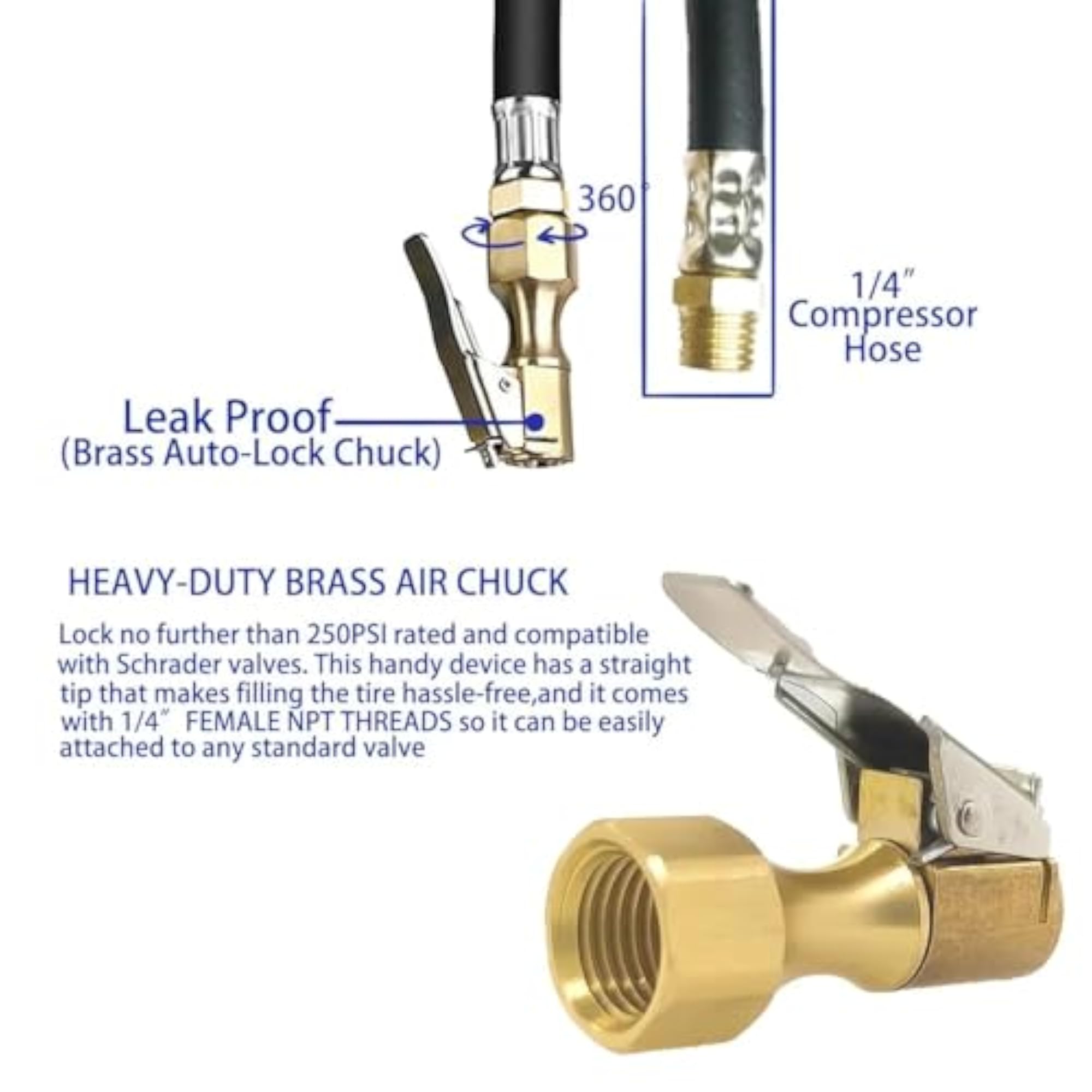 Brass Locking Tire Inflator Nozzle Adapter, Pack of 1